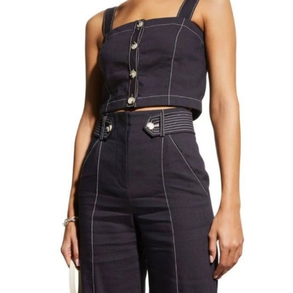 Veronica Beard Tiffany Linen Button-Front Crop Top NWT XL $298 NAVY BLUE - Picture 3 of 9